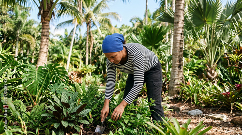 Gardener planting crops in lush tropical garden environment.
