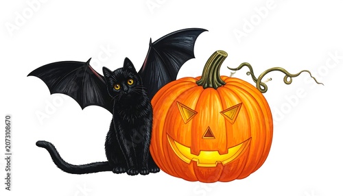 A black cat with bat wings sits beside a carved orange jack-o-lantern