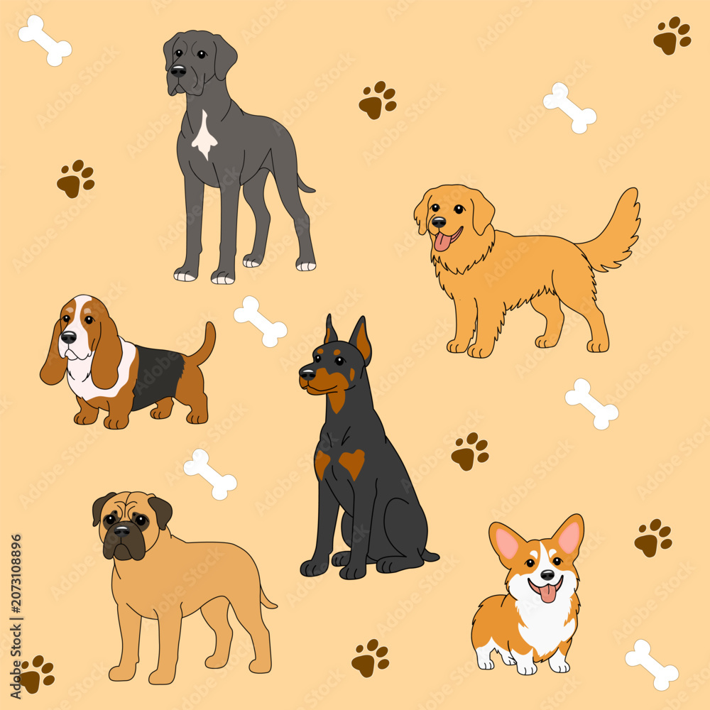 Naklejka premium Cute Dog Breeds Collection, Cartoon Pet Clipart Set with Isolated Elements
