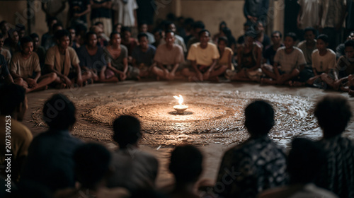 Candlelit Balinese Kecak fire dance rehearsal in a community hall, performers in street clothes chanting in concentric rings around a single oil lamp, raw and intimate