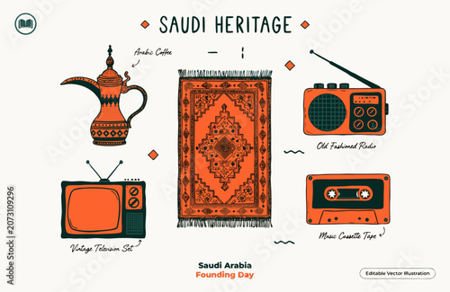 Saudi Arabia cultural symbols, heritage icons, traditional items, vector illustrations