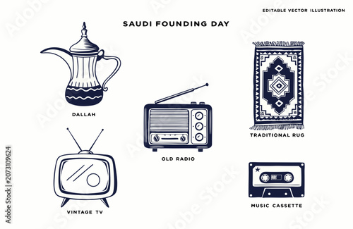 Saudi Founding Day, traditional Arabic icons, cultural symbols, vector illustrations