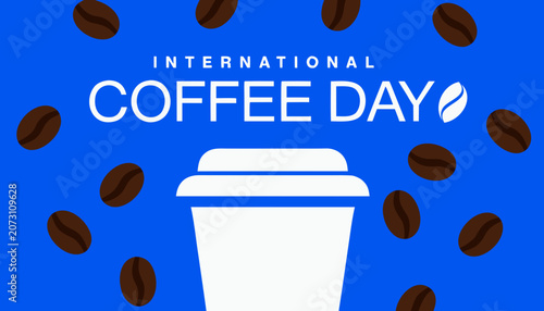 International Coffee Day, coffee cup, coffee beans, blue background, vector illustration