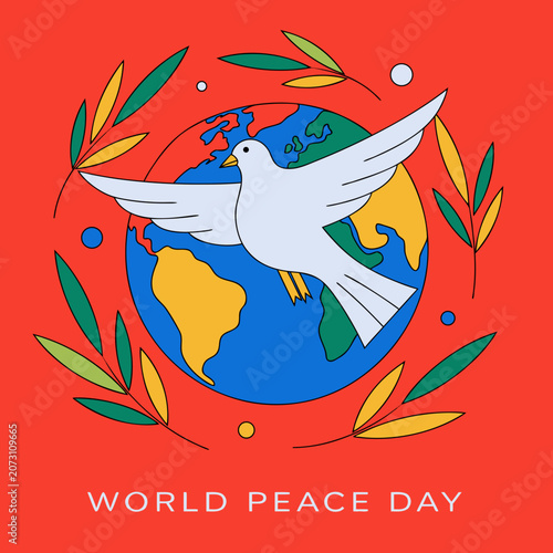 World Peace Day, dove flying around Earth, colorful leaves, global harmony, peace symbol
