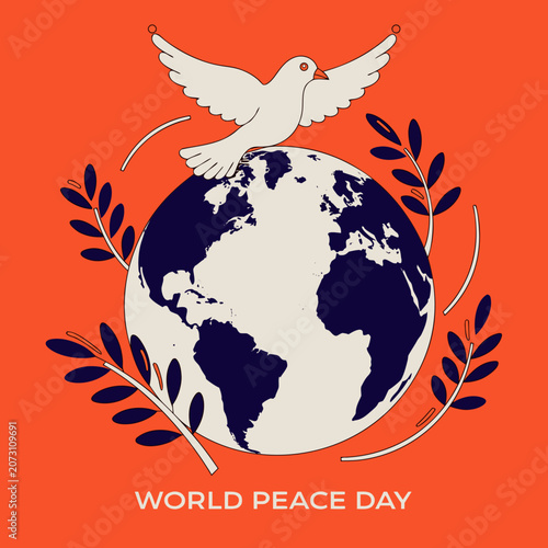 World Peace Day, dove flying over globe, orange background, peace symbol, international day vector