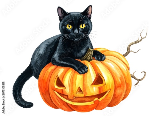 A black cat with bright yellow eyes lies on a carved orange pumpkin