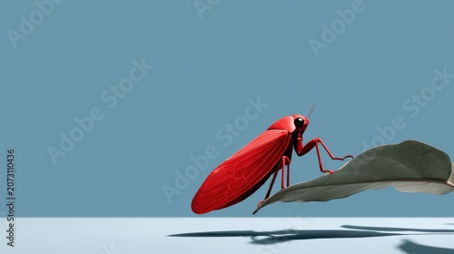 Vibrant Red Insect on Leaf Against Light Blue Background