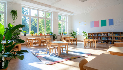 明るい日差しが差し込むカラフルな教室とグリーンプランツのある学習空間