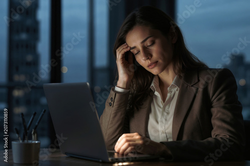Unhappy Sad European businesswoman with laptop in dark office at night