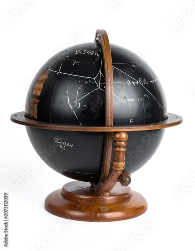 A black celestial globe with white star patterns on a wooden stand