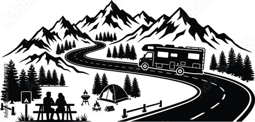 Camping adventure with rv on mountain road, tent, campfire and couple sitting on bench