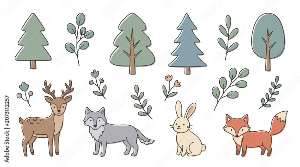 Fototapeta premium Cute woodland animals and trees hand drawn vector set
