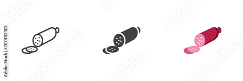 Salami sausage icon with sliced cured meat in line, solid and flat colorful icon styles. Color vector sign and symbol for deli, snack, protein food.