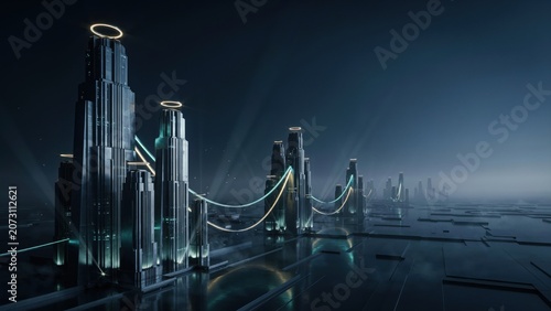 Futuristic cityscape with sleek skyscrapers and illuminated bridge