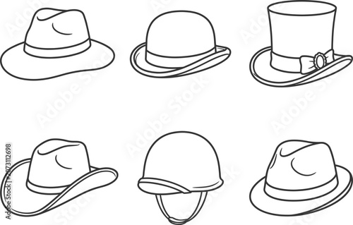 Set of various classic vintage hats in simple line art style