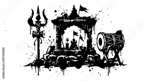 Foto Hindu temple shrine with sacred trident and ceremonial drum in ink stencil style