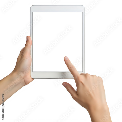 Person holding and interacting with a tablet
