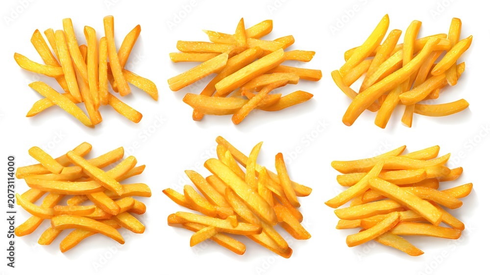 Fototapeta premium Collection of crispy french fries portions isolated on white background.