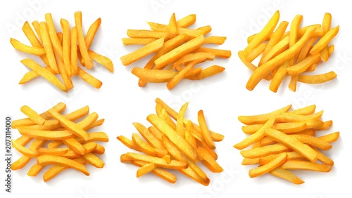 Collection of crispy french fries portions isolated on white background.