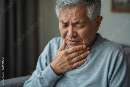 Portrait of senior Asian man suffers asthma attack. Difficulties breathing, chest pain. Elderly male experiencing health problem at home