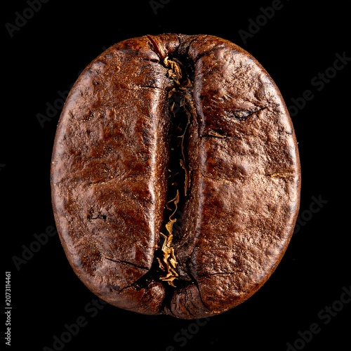 A close-up of a single, brown, roasted coffee bean with a distinctive crack down its center against a black background
