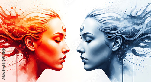 Duality of fire and ice a conceptual artistic portrait of two faces facing each other
