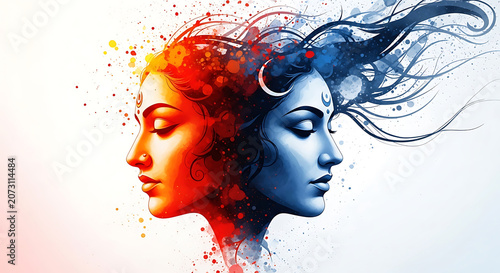 Artistic dual portrait of shiva and shakti representing duality and balance