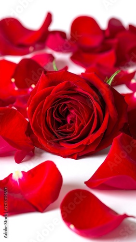 A close-up of a single red rose surrounded by scattered petals on a white surface