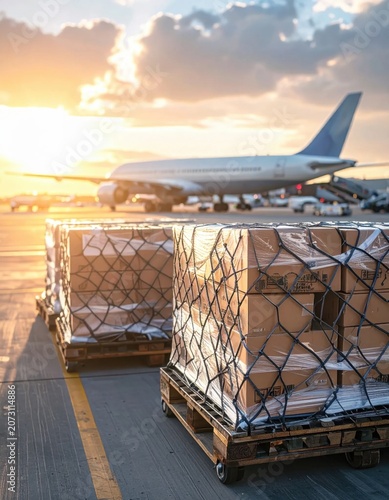 Air freight cargo pallets with cardboard boxes on airport tarmac during sunset, logistics supply chain management, shipping transportation