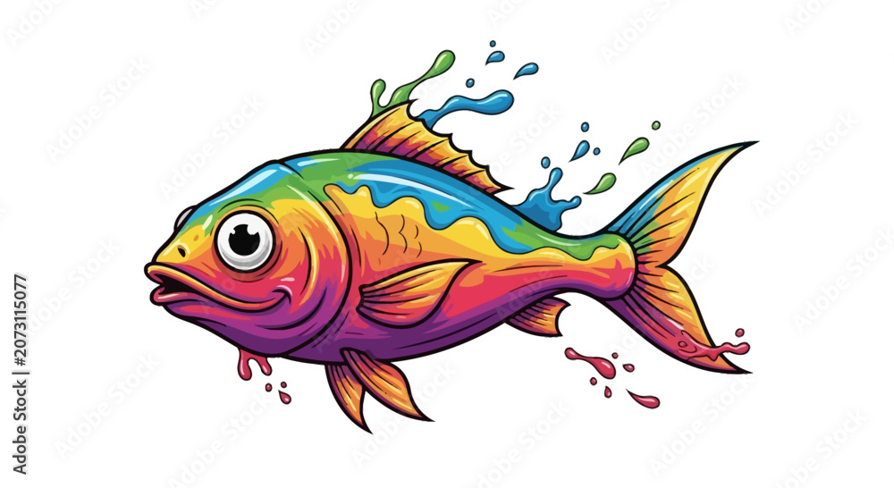Fototapeta premium Vibrant Rainbow Fish Splashing Water, Cartoon Style, Isolated on White