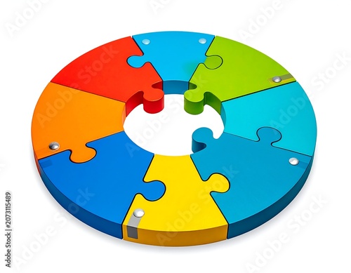 A circular puzzle with interlocking pieces in a rainbow of colors