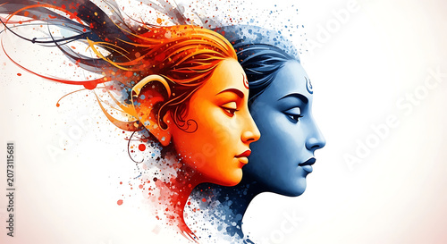 Abstract artistic portrait of two faces in profile, one warm orange and one cool blue, isolated on white background