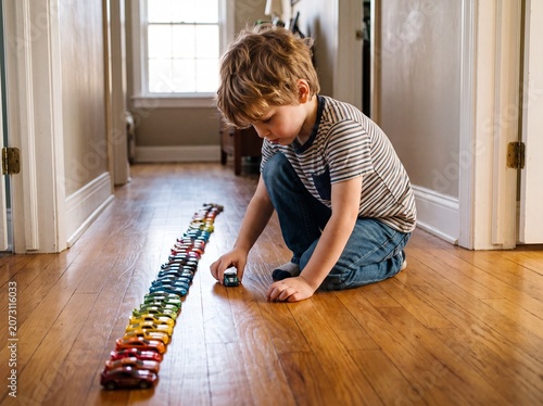 A young autistic boy lining up toy cars in a perfectly straight, color-coded line across a long hallway wooden floor, without headphones, professional photography, no logo.
