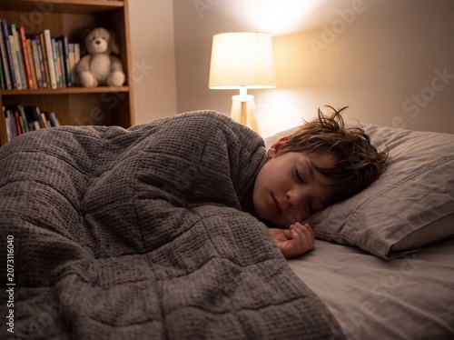 A young autistic boy calming down while lying under a weighted blanket on a bed in a dimly lit bedroom, without headphones, professional photography, no logo.