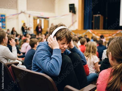 A young autistic boy covering his ears during a chaotic school assembly in a busy school auditorium, wearing sleek white noise-canceling headphones, professional photography, no logo.