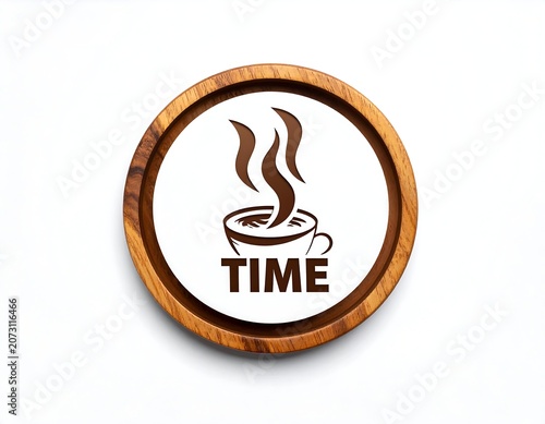 A circular wooden-framed icon featuring a steaming cup and the word 