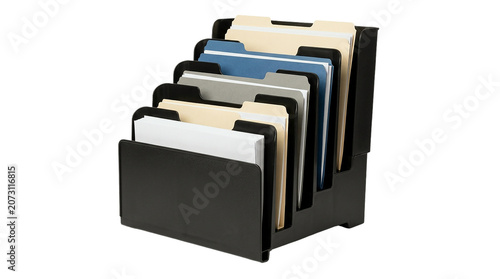 A black file organizer with multiple colored file folders on a transparent background