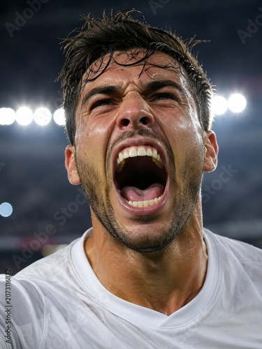 Triumphant soccer player shouting in stadium after goal - close-up emotional celebration portrait