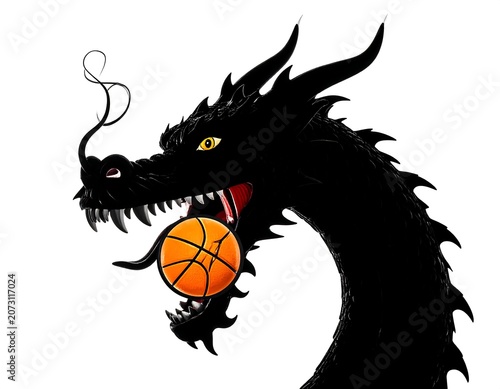 A black dragon's head with a basketball in its mouth