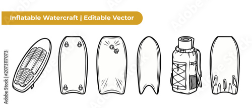 Bild auf Leinwand Inflatable bodyboard vector line art icon set for water sports design, featuring portable boogie boards, valve detail, fins, and outdoor backpack gear diagrams isolated on white background