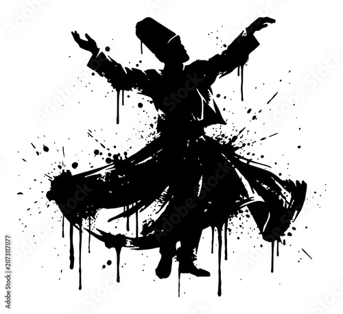 Tableau sur toile Whirling sufi dervish dancer performing sema ceremony in dripping ink graffiti s