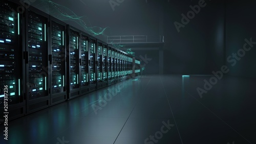 Dark data center with rows of computer servers and blue lights