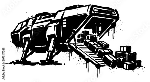 Schilderij op canvas Sci-fi cargo spaceship unloading boxes on landing ramp in dripping ink graffiti
