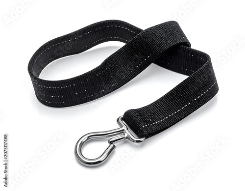 A black fabric strap with a silver metal clip