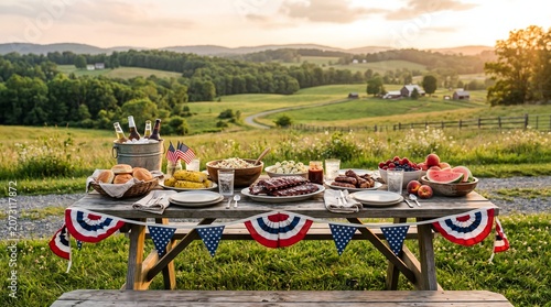American farmhouse barbecue picnic with scenic countryside backdrop