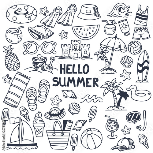 Summer Vacation Doodles Set Retro Hand Drawn Beach Tropical Food and Clothing Icon Elements