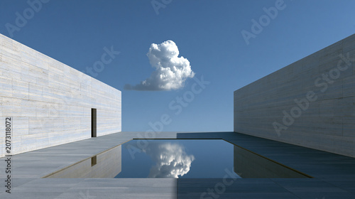 Minimalist Architectural Courtyard with Pool Reflection and Single Cloud in Blue Sky