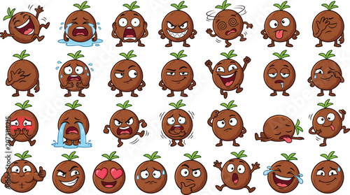 Cute Coconut Mascot Sticker Emotion Set Vector