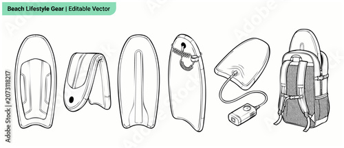 Bild auf Leinwand Inflatable bodyboard vector line art collection featuring beach gear, water sports equipment, pump, backpack, leash, and folded board isolated on white background for outdoor recreation design