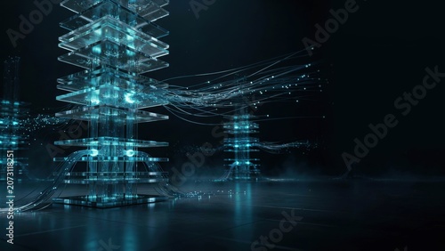 Futuristic blue circuit board with glowing lines and wires on dark background